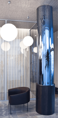 MET Boutique Hotel, prizemlje, zatamnjena ogledala na furniranim MDF stupovima, izvor: D2D INTERIJERI 